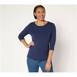 BEAUTIFUL by Lawrence Zarian Refined Knit 3/4 Sleeve Button Top Navy 2X A682065